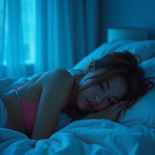 Realistic woman in bikini sleeping on a bed with blue atmosphere