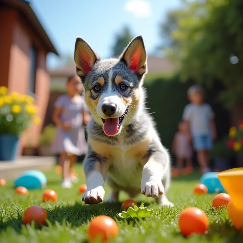 A joyful bluey-corgi dog is playing with colorful eggs in a lush garden. The atmosphere is lively with children playing nearby.