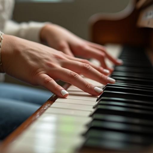 Close-up of a young woman playing the piano. Focus on her hands on the keys. Soft natural light enhances the scene. The background is blurred.