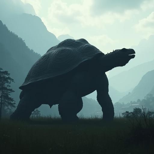 A huge turtle-like monster towers at 190 ft. Dark, detailed silhouette with tusk teeth stands on grassy land. Huge hills and towering mountains create a dramatic backdrop. Village and clouds appear in the distance, enhancing the atmosphere. Fog envelops the scene, presenting a cinematic effect.