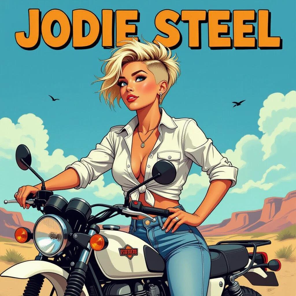 Comic-style image features confident young woman sitting on an offroad motorcycle wearing a knotted white shirt and denim shorts. The image showcases bright blue skies and a distant landscape. Woman strokes her tousled blonde hair and gazes into the distance.