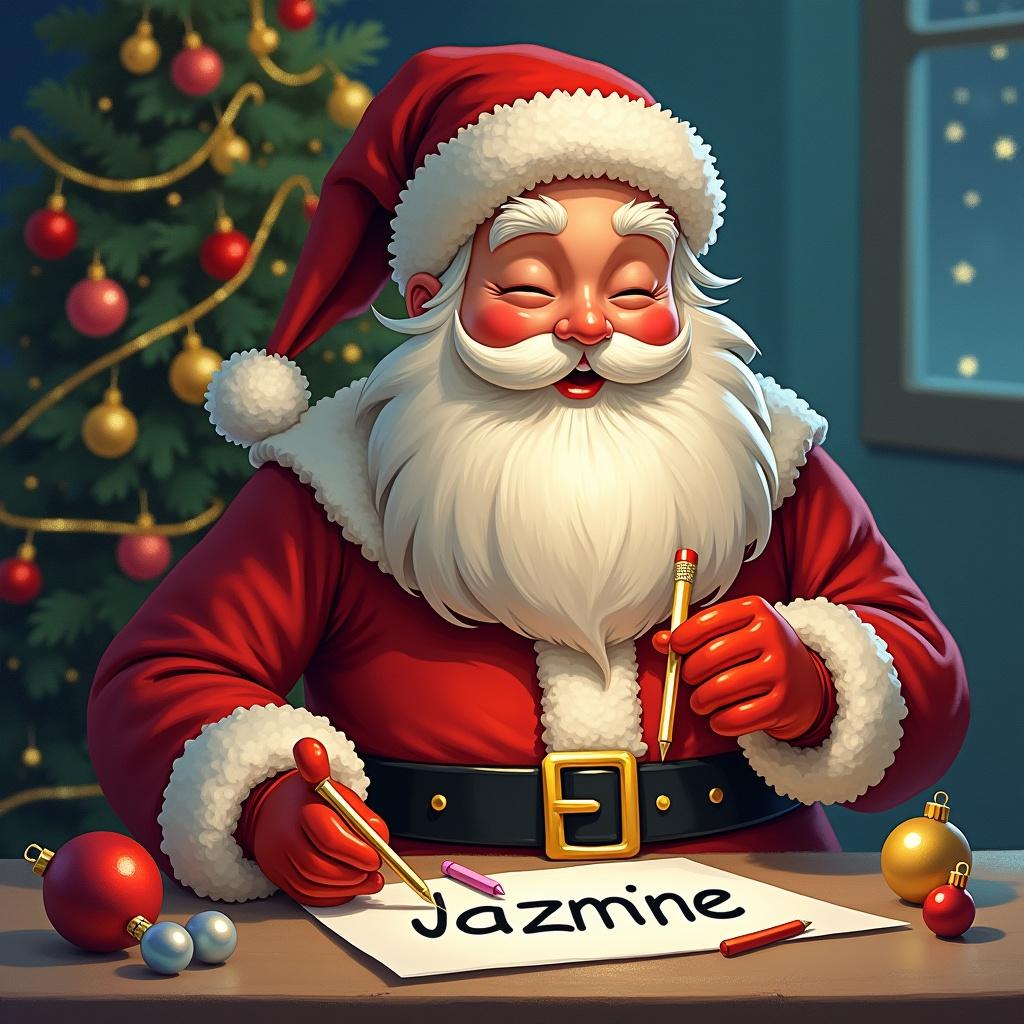 The image features Santa Claus dressed in his traditional red suit with white trim. He is seated at a table, joyfully drawing names on a piece of paper, which is addressed to 'Jazmine.' Christmas ornaments are scattered around him, adding to the festive spirit. In the background, a Christmas tree adorned with colorful baubles is visible. The scene exudes a warm and cheerful holiday atmosphere, ideal for Christmas celebrations. This illustration captures the magic of Santa preparing for the gifting season.