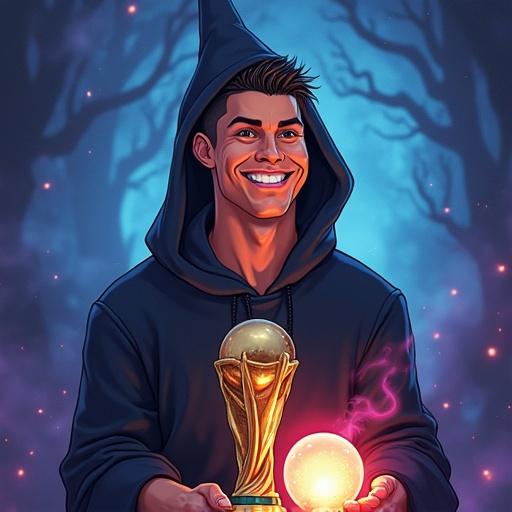 Cartoon-style wizard without a hat showing happy smiling face of a famous athlete. Wearing a black cloak sitting with World Cup trophy on lap. Exaggerated face with big grin and oversized head in humorous style. Glowing magic crystal ball behind with mystical light. Background has enchanted look with blue and purple fog.