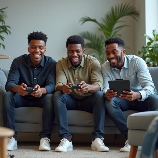 Three young Black men are playing video games on a couch in a bright and modern living room. The man on the left wears a dark-blue shirt. The man in the middle has on a light khaki-green shirt. The man on the right is in a light denim shirt. They hold game controllers and a tablet. Their expressions are focused yet friendly. The room is decorated with plants and contains a small entertainment center.