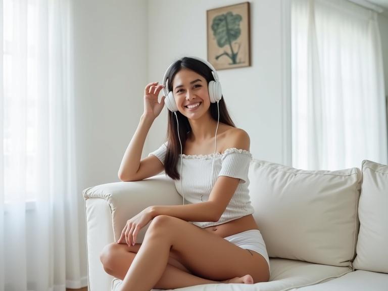 Young woman sits on white couch in casual outfit. She is smiling and wearing off-the-shoulder top with white bottoms. Long dark hair tied back. She holds white over-ear headphones to her ear. Soft light fills the modern room with white curtains and abstract art in the background. Relaxed atmosphere is evident.