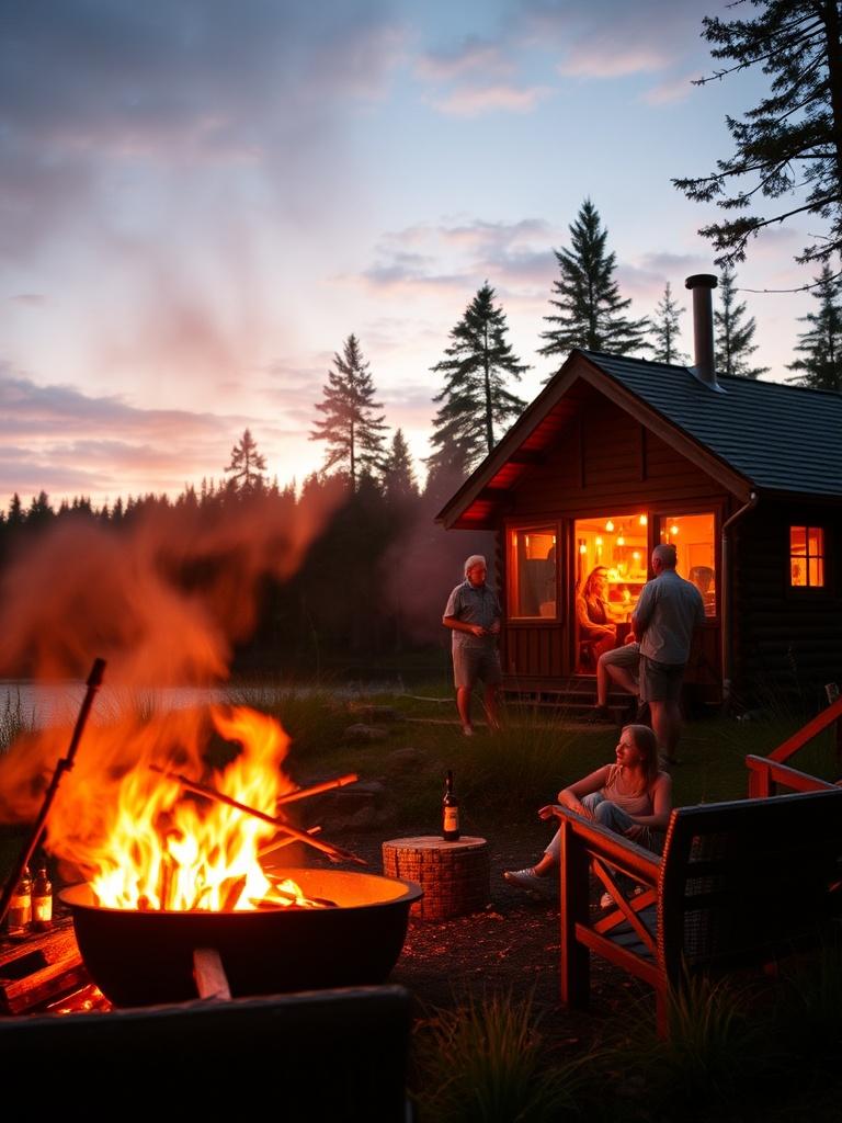 Set against the backdrop of a serene twilight sky, this image captures a cozy cabin scene at dusk. People are gathered around a crackling campfire, with flames illuminating their relaxed expressions. The warm glow from the cabin windows adds to the inviting ambiance, while the silhouette of pine trees frames the peaceful setting.