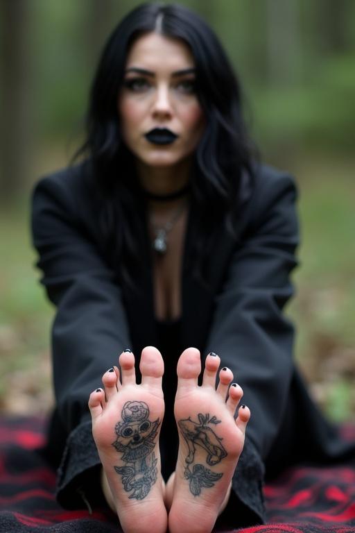 Goth woman sitting on a blanket outdoors with long black hair and black lips. Focus on tattooed soles of bare feet. She is sitting cross-legged on the ground.