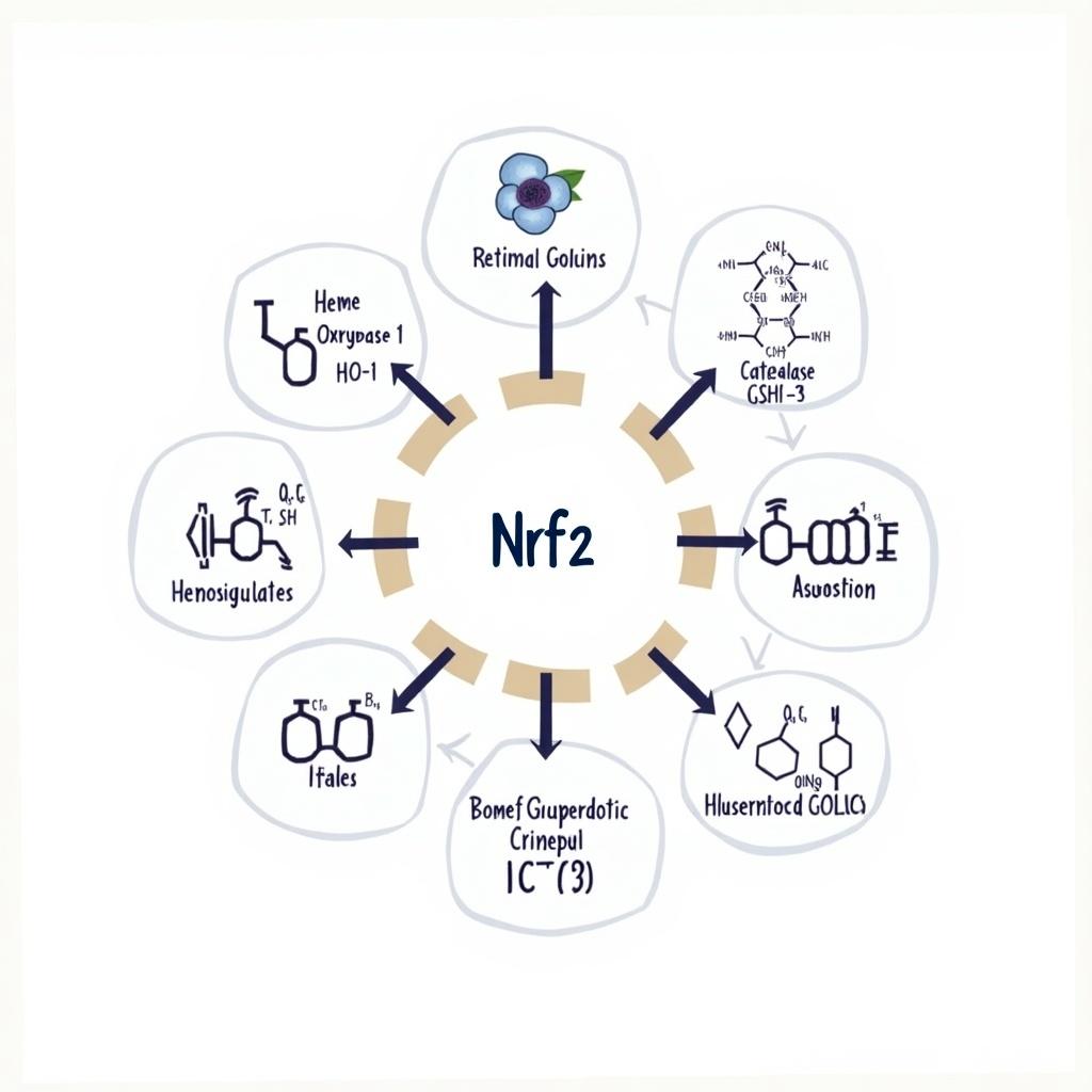 Illustrates signaling pathways involved in protecting retinal cells from oxidative stress. Nrf2 is central to pathways modulated by anthocyanins. Highlights key enzymes HO-1, SOD, CAT, GSH-PX with apoptotic modulation. Mainly focuses on antioxidant mechanisms.