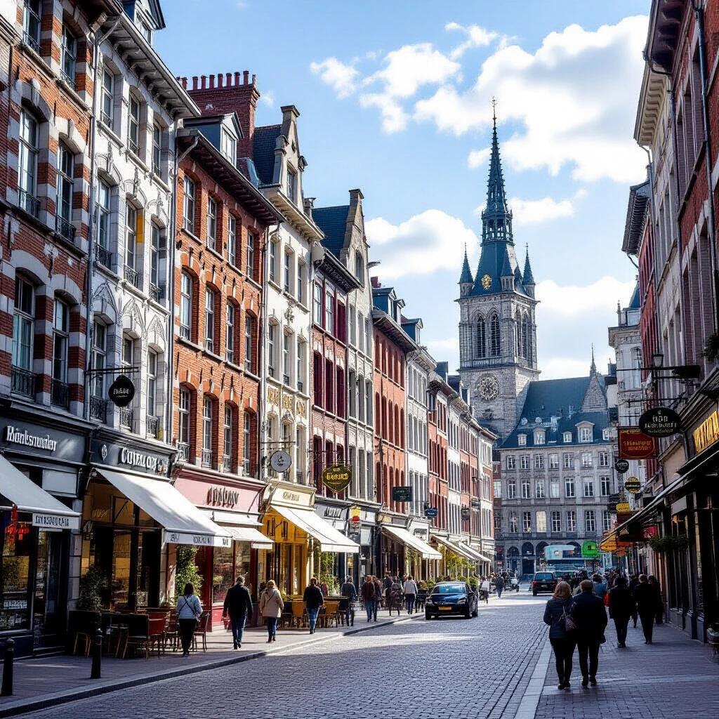 Photograph of Liège downtown highlighting street with shops and a prominent clock tower.