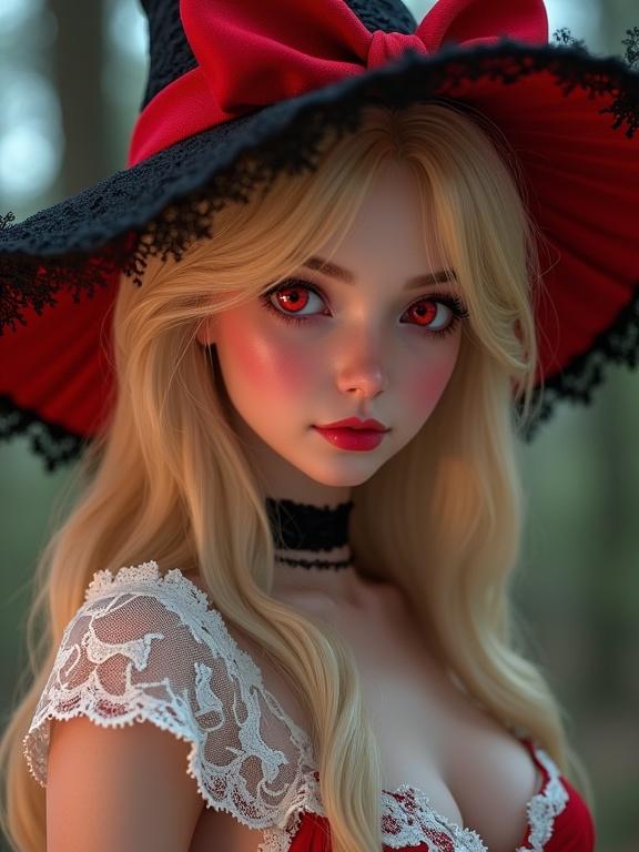 A stunning 3D-rendered portrait of a beautiful blonde-haired witch with red eyes. She wears a detailed lacy dress with red accents and a matching cap. Her enchanting look evokes mystique and fantasy. The image showcases ultra-realistic textures with high pixel detail, reminiscent of video game quality. The artwork reflects influences from popular fantasy artists.