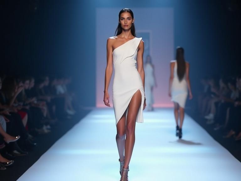 High fashion runway show. Model wears sleek white dress with asymmetrical design. Thigh-high slits visible. Sheer tights and high heel ankle boots complement the outfit. Long hair in low ponytail. Bold makeup with dark lipstick. Dramatic eyeshadow enhances look. Confident walk down runway. Background model blurred in similar outfit. Stage features soft lighting with cool tones. Focus on textures and sharp contrasts.