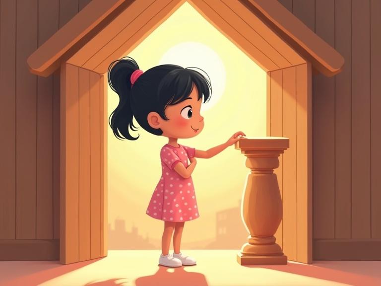 A flat-style digital illustration depicts a little girl with black hair in a ponytail. She wears a pink polka-dotted dress and white shoes. The girl places a wooden column back inside her cozy house. She has a loving expression on her face. The house glows warmly. The environment is tidy and calm, illuminated by soft lighting. A gentle smile shows her inner peace. The image employs soft pastel colors, warm light, and a clean cartoon style.