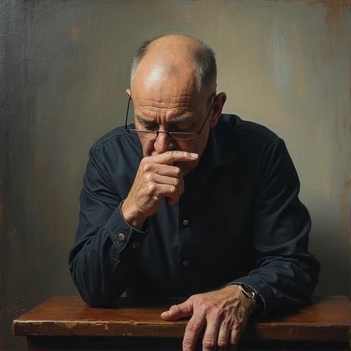 Acrylic painting showing an older man sitting at a table. He appears deeply contemplative with glasses on. His body language conveys sadness and introspection. The background is muted, emphasizing his emotions.