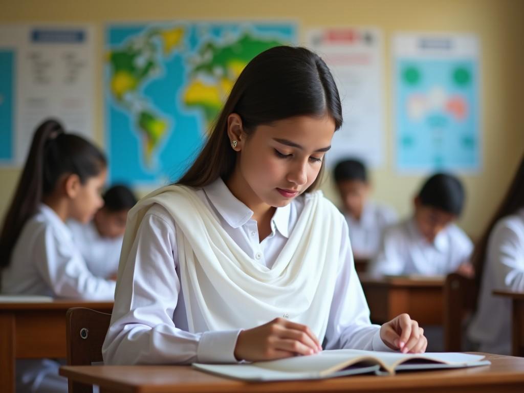 A female student is seated at a wooden desk in a classroom. She has long hair and is wearing a white school uniform with a traditional shawl. The classroom is filled with world maps and educational posters on the walls. She is focused on writing in her notebook, demonstrating concentration and diligence. In the background, other students are engaged in their studies, creating a lively educational atmosphere. The lighting is bright and inviting, emphasizing the learning environment.