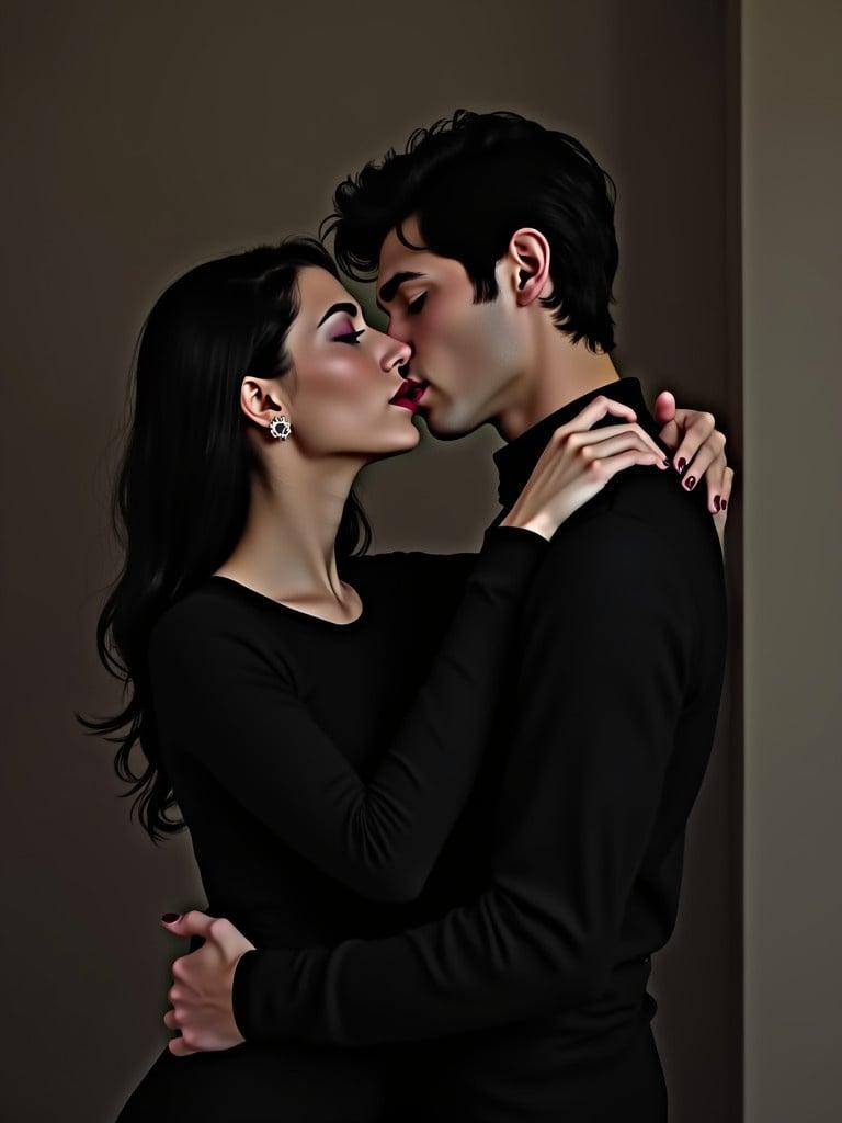 Tall woman in black clothes kisses a tired man. Woman has long eyelashes and dark lips. Hands are perfectly drawn. The scene is intimate and sets a fantasy mood. Room is softly lit. Both characters are engaged in a tender embrace.