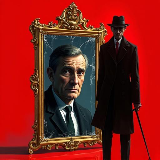 Bold red background used. Shattered mirror reflects man's fright. Ghostly silhouette presents draped figure with a cane. Name Agatha Christie written in gold. Title Der Prügelknabe appears like crime scene clue.
