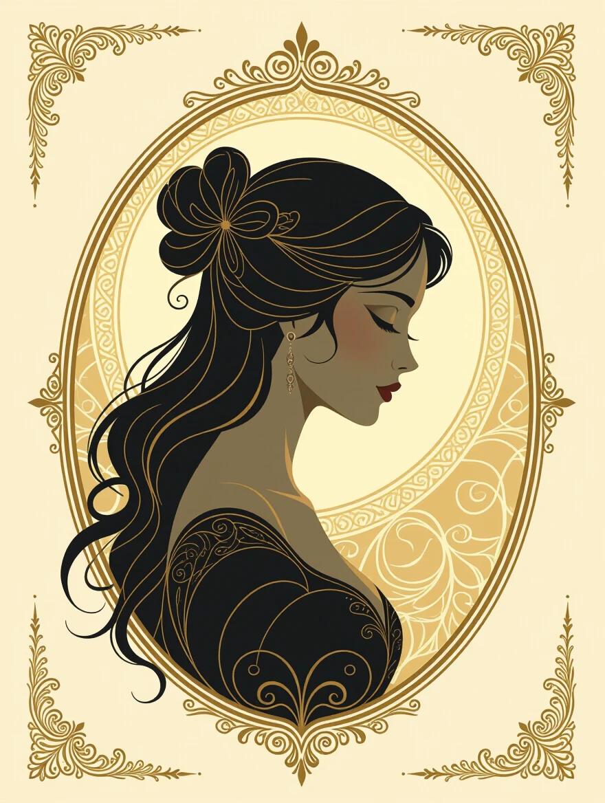 Elegant fantasy card back design features a delicate silhouette of a feminine figure. Intricate details and flowing curves create a refined appearance. Soft glow emanates a warm light. Surrounded by an ornate gold border. Subtle patterns and textures enhance the design. Evokes a mysterious atmosphere with luxury elements. The overall design conveys mystique and allure.