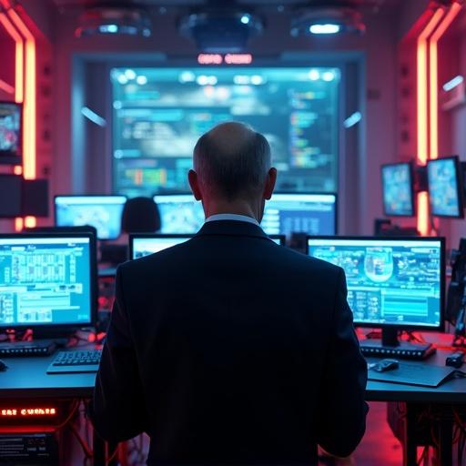 Back view of a person in a suit inside a high-tech military command center. Surrounded by LED LCD monitor screens and sophisticated military gadgets. Neon colored fluorescent lamps illuminate the space. Multi-colored glowing neon wires and electronic contraptions enhance the futuristic atmosphere.