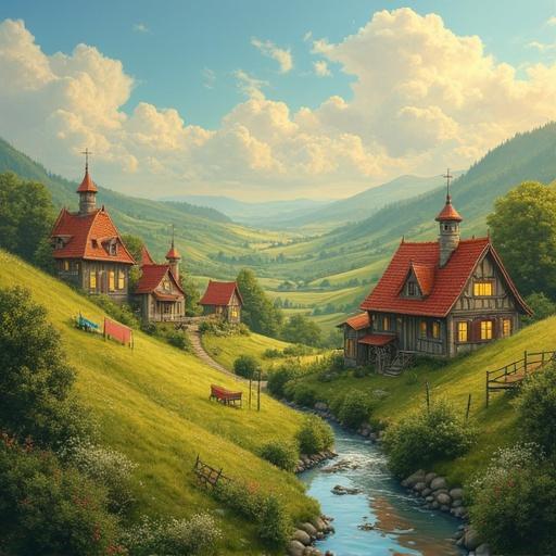 A whimsical countryside village scene. Quaint houses with warm windows are among rolling hills. Gentle streams run through the village. The sky has swirling clouds. Signs of village life are visible like distant figures and garden patches. The landscape is idyllic and fantastical. The village feels cozy, whimsical, and peaceful.