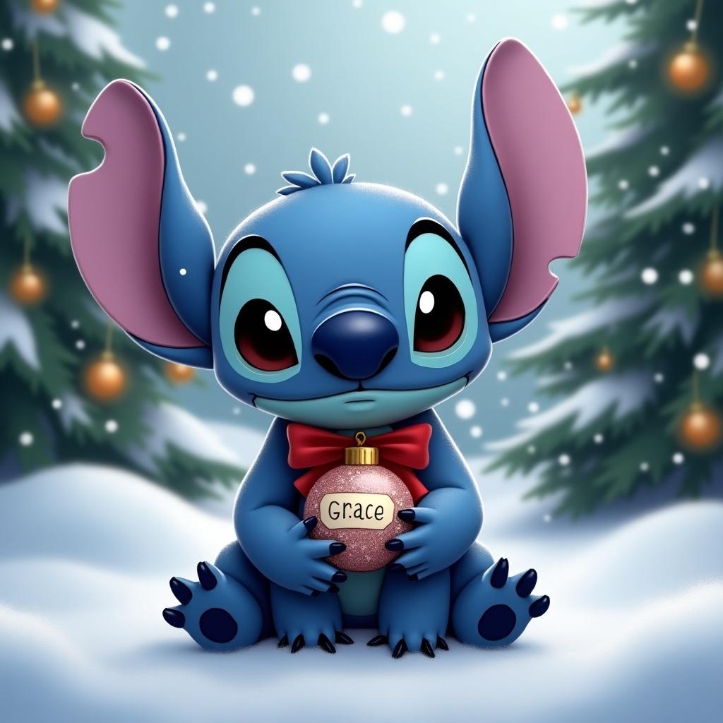 Cute character resembling Stitch holds a Christmas bauble with the name Grace. Character is blue with large ears and a bow tie. Sitting in a snowy scene with Christmas trees around.