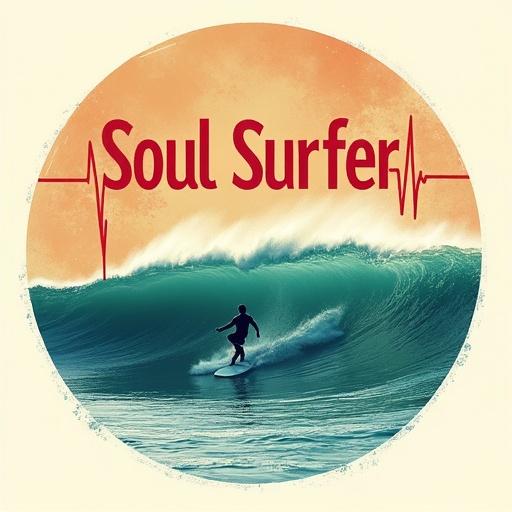Design includes text 'Soul Surfer' and tagline 'Ocean is my Religion'. Red EKG line across vintage circular background. Teal-blue wave curls with surfer carving. Represents spiritual connection and energy of surfing. Highlights devotion to ocean and passion for the sport.