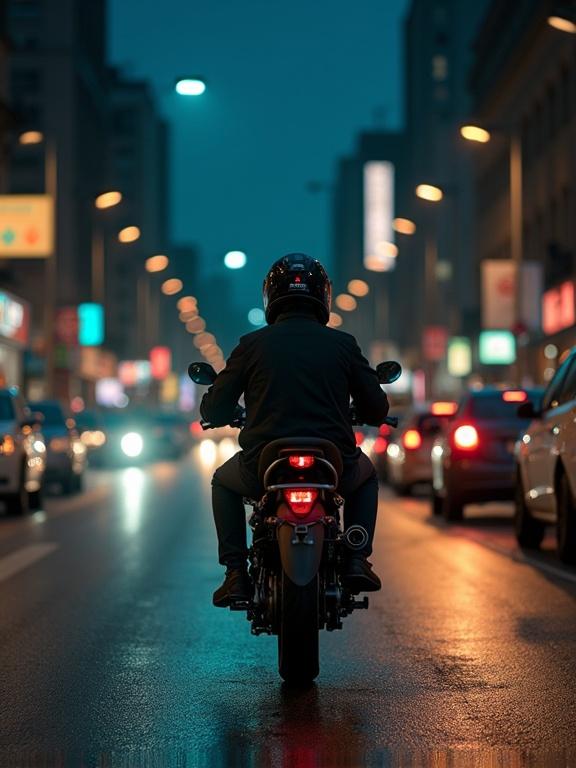Motorcyclist on a bike, black helmet, dressed in black, riding in an urban setting at night. Street lights illuminate the scene, with cars in the background and a rainy road.
