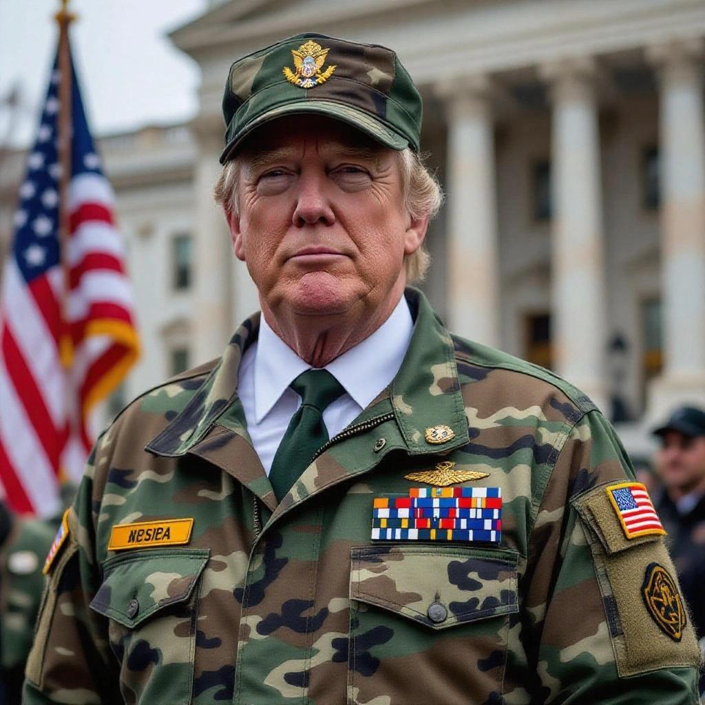 Image of a political figure wearing military uniform with medals and a cap. Background includes flags and government buildings.