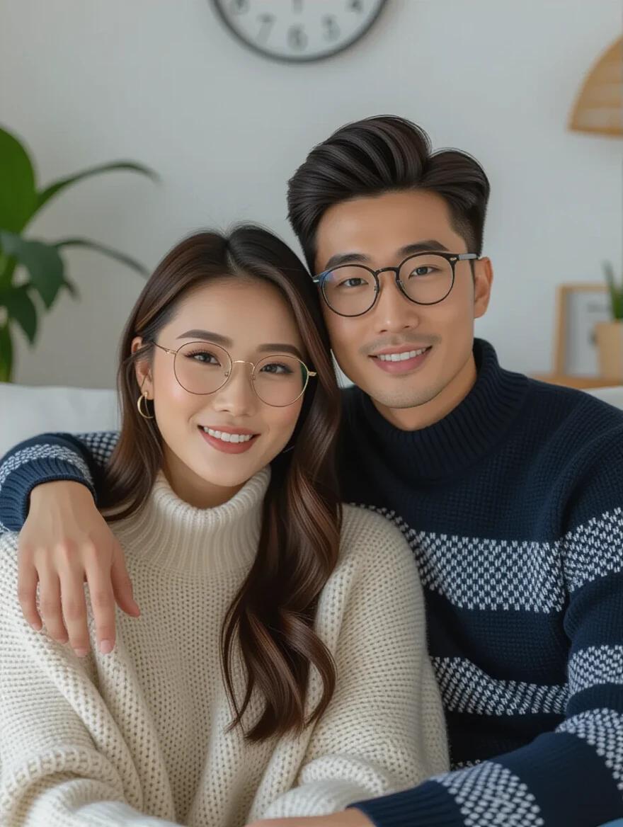 High-quality photograph of a young couple sitting on a sofa. The woman wears natural makeup and a pashmina over her shoulder. The man showcases modern Korean fashion. They sit comfortably in a beautifully decorated room with plants, a clock, and stylish decor. Both look directly at the camera, embodying a relaxed attitude together.