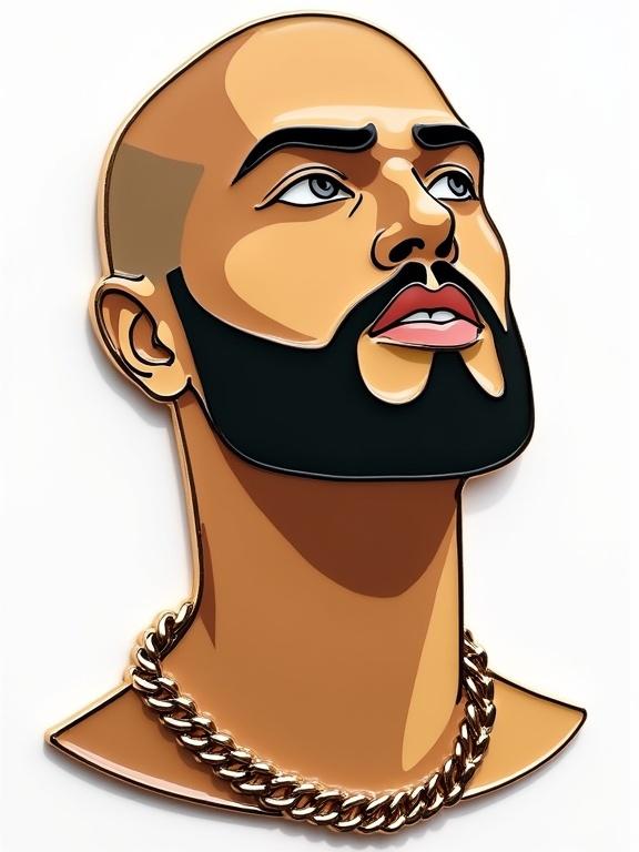 Close-up shot of an enamel pin depicting a stylized male figure. Bald with a salt and pepper beard. Looking upward and to the right. Warm brown tones for skin. White highlights and dark outlines. Shimmering gold border. Thin gold chain around the neck. Solid white background.