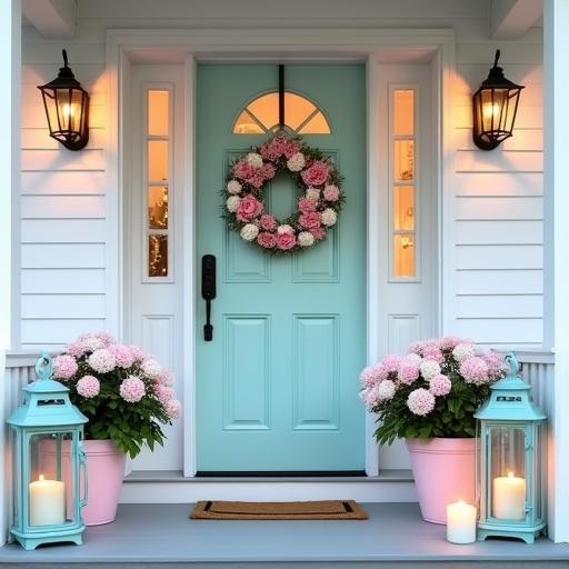 White front porch with light aqua door. Wreath of pink roses and white hydrangeas. Big flower pots with pink roses and white hydrangeas. Aqua lanterns with candles. Twinkle lights on wreath. Warm indoor lights visible.