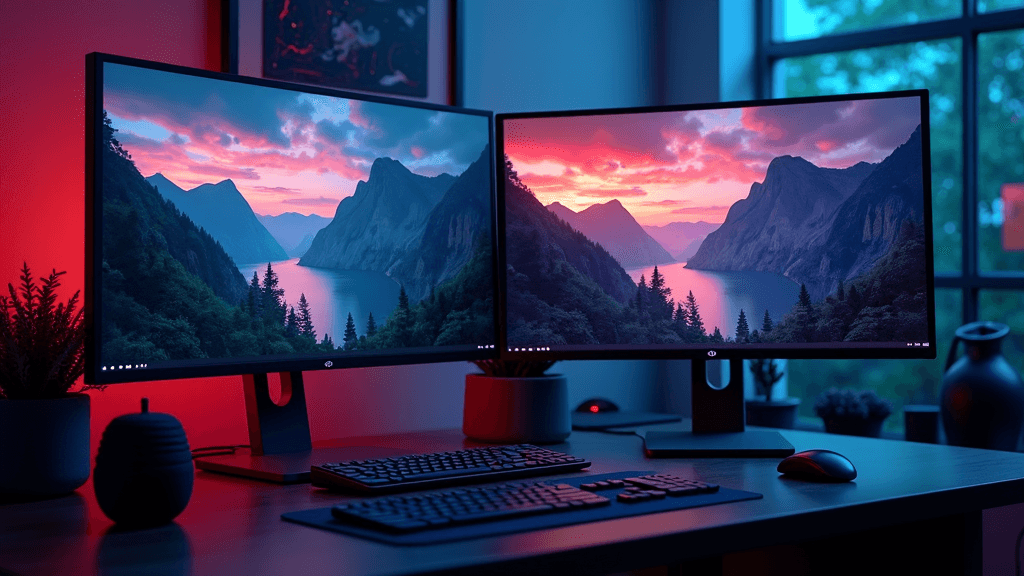 Two monitors with a scenic mountain sunset are set up on a desk, surrounded by modern tech and soft lighting.