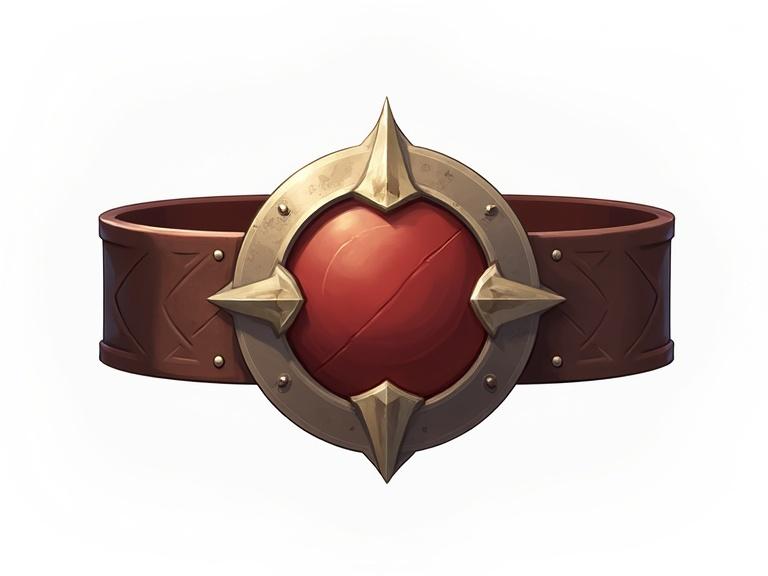 Giants boon belt icon designed for ARPG. Features a round red gem surrounded by a gold spiked border. Created as a game asset with no background for transparency.