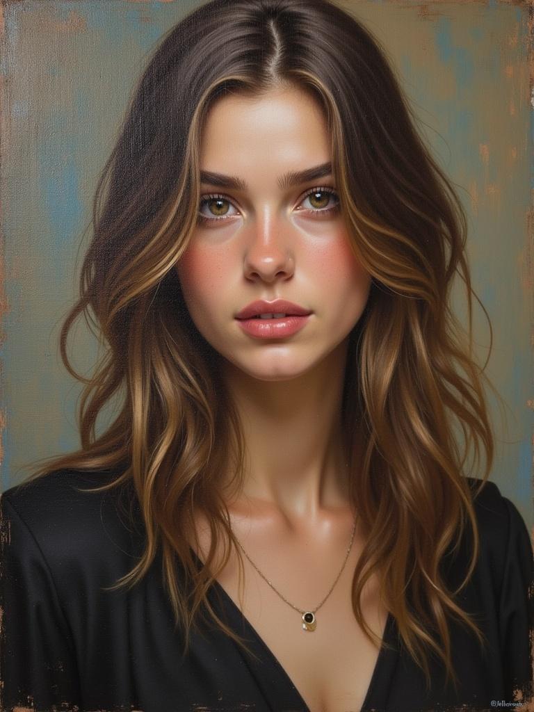 Portrait painting in oil. Features long wavy hair and a delicate necklace. Person wears a deep v-neck top. Background has textured soft colors.