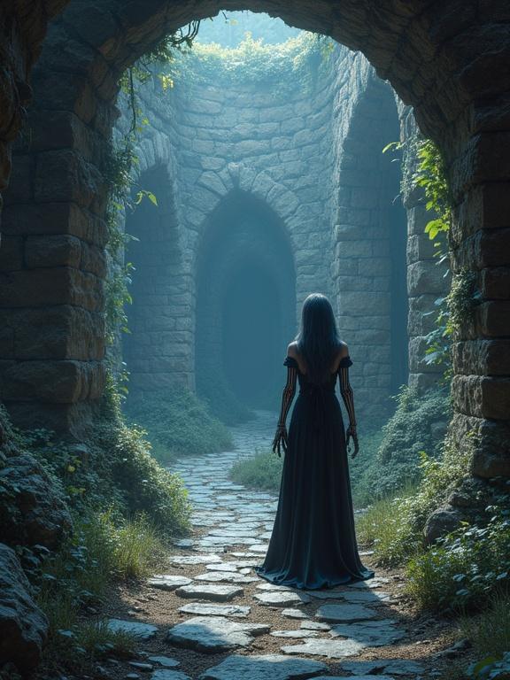 A mystical scene featuring a skeleton woman standing in a labyrinth. The setting includes intricate stone walls and winding paths. The atmosphere combines cyberpunk and fantasy elements. The lighting creates a captivating ambiance. The style is vibrant digital art.