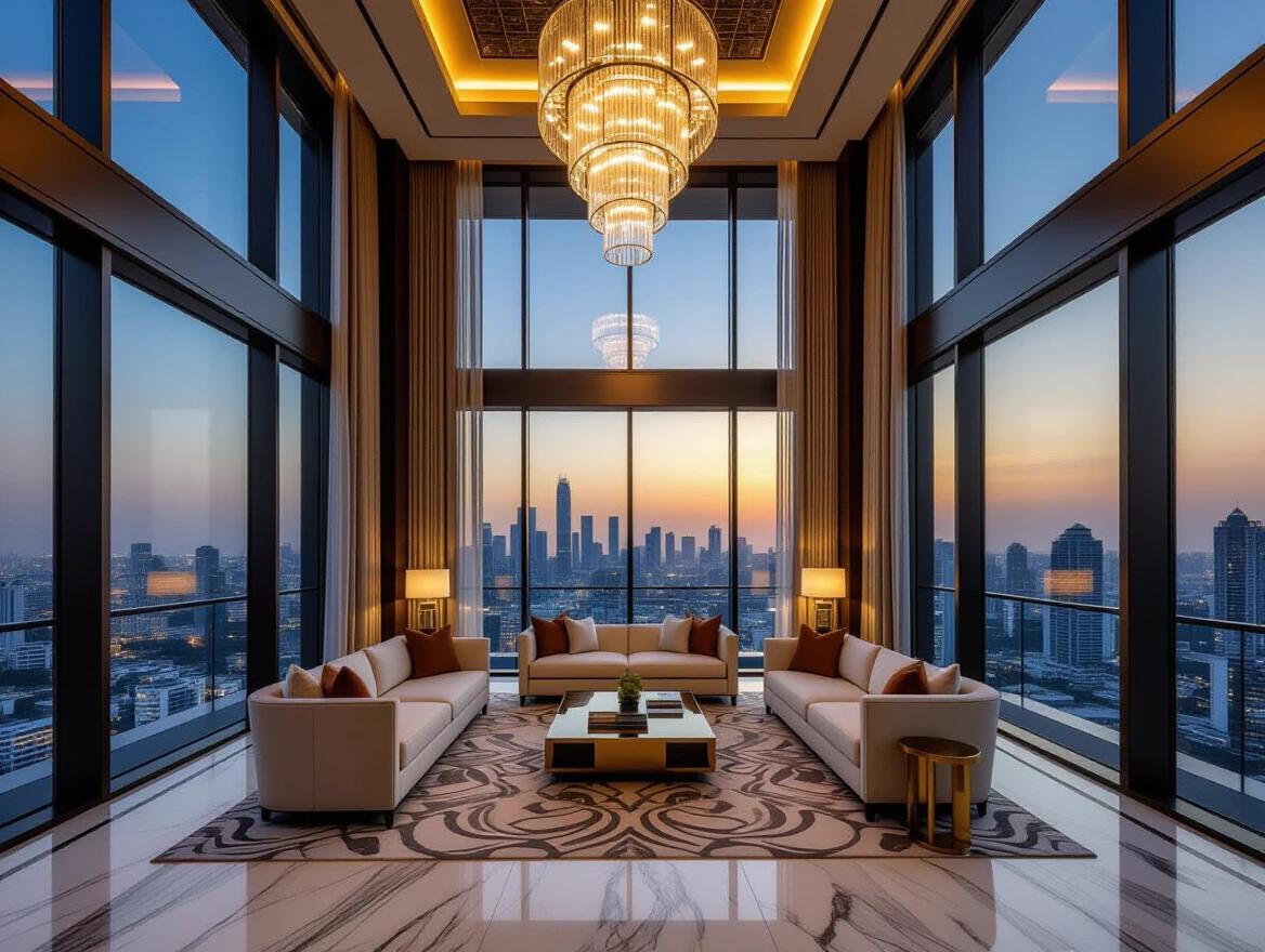 Ultra-luxury indoor lounge with sunset view. Spacious high-rise with glass windows overlooking Bangalore skyline. Modern Indian-style high-rises in the background. Richly decorated with marble floors and elegant furnishings. High ceilings with designer chandeliers and soft lighting. No people in a clean opulent atmosphere.