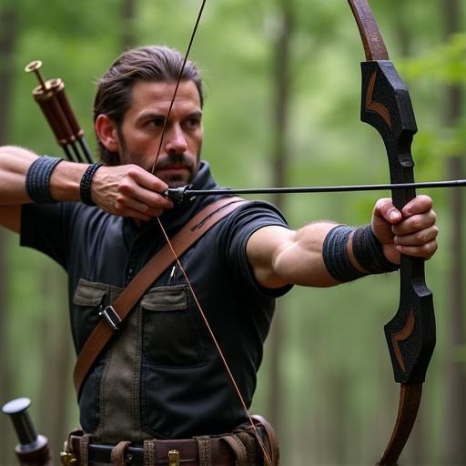 Archer focusing on target with bow drawn. Male figure in outdoor setting. Natural landscape in background.