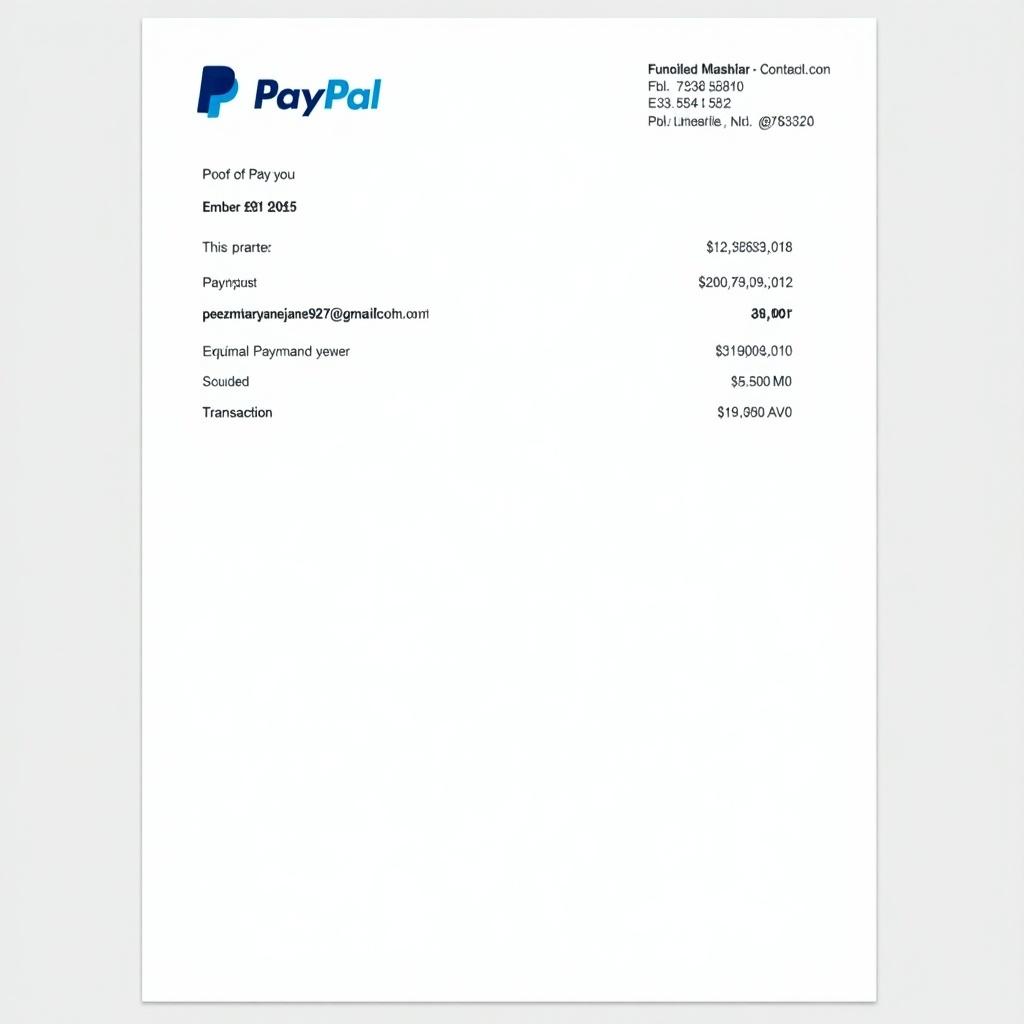 Depicts PayPal payment receipt. Includes proof of payment for £1000. Shows email perezmaryjane927@gmail.com. Clean design with PayPal logo at the top. Lists payer's name, email, transaction amount, transaction number. Format used for online payments with necessary details for sender and receiver.