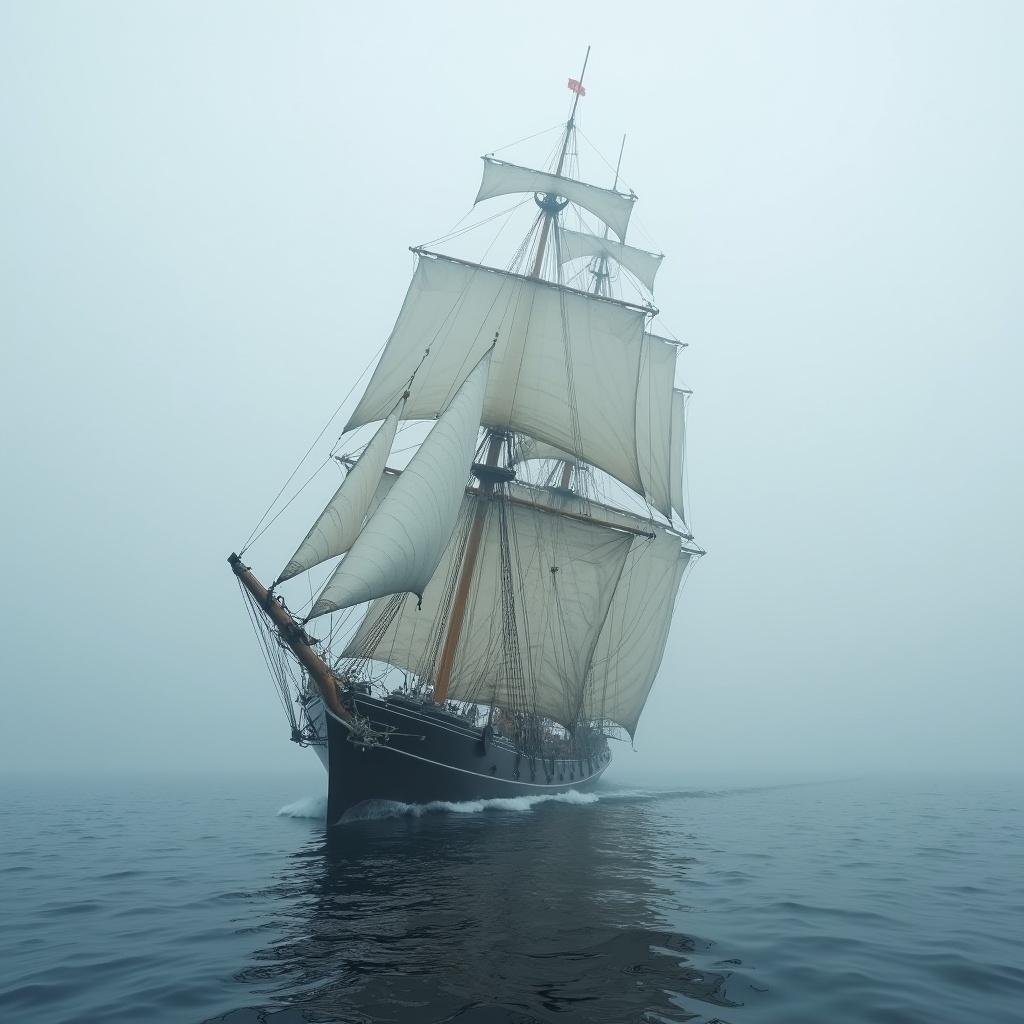 A sailing full rigger with sails billowing emerges from dense fog on calm water.