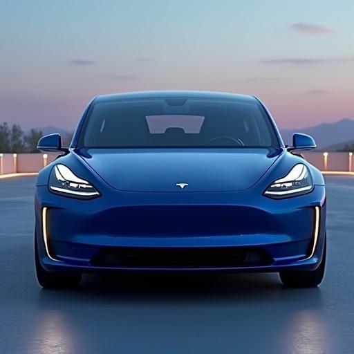 A modern electric vehicle with LED lighting. The car is shown from the front. It features a sleek aerodynamic design. The color is metallic Horizon Blue with matte Silver Lining accents. The design offers a low drag coefficient.