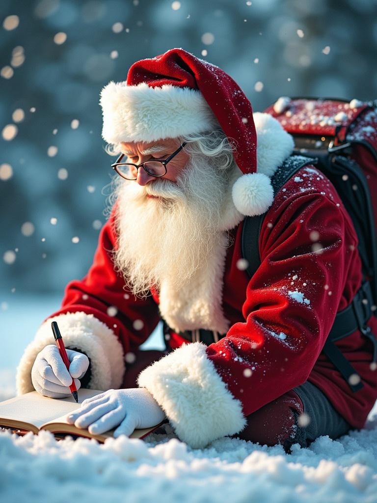 Santa Claus sits in the snow writing in a notebook. He wears traditional red suit and hat with white fur trim. Bright winter atmosphere with snowflakes in the air.