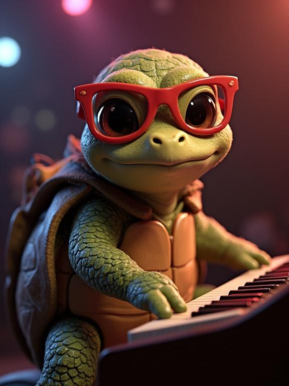 CGI young turtle with wide eyes wearing red glasses performs at a piano on stage as a tribute to Elton John.