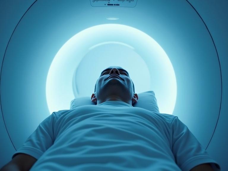 Man lies inside Magnetic Resonance Imaging tube. Soft lighting creates a calming effect. View from inside the tube. Focus on the man's face.