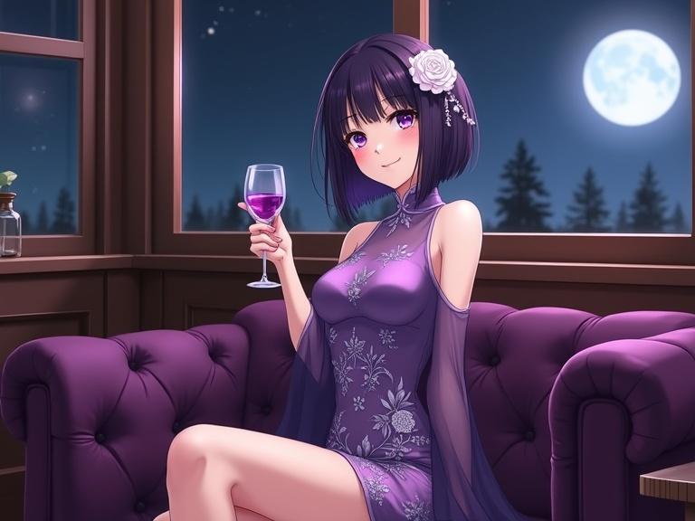Anime woman sits on purple sofa. Short dark purple bob hairstyle. Glamorous violet cheongsam dress. Floral embroidery on the dress. Holding a glass of purple wine. Retro coffee shop ambiance. Night sky with full moon outside window. Warm illuminating light in the setting.
