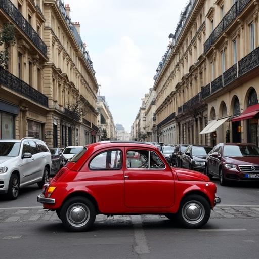 A red car parked on a Paris street lined with buildings and other vehicles. The scene captures the essence of urban Parisian life.