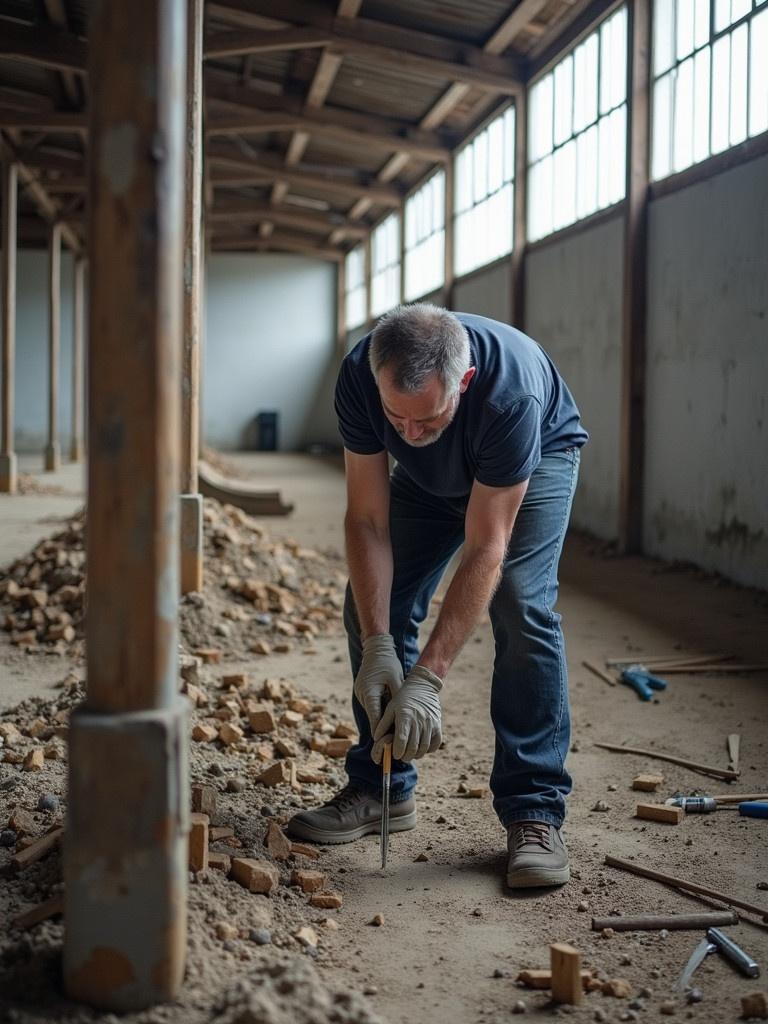 A man is working in an industrial setting. He is using a tool on the ground surrounded by debris. The environment appears to be under renovation. The walls are bare and there is some natural light.