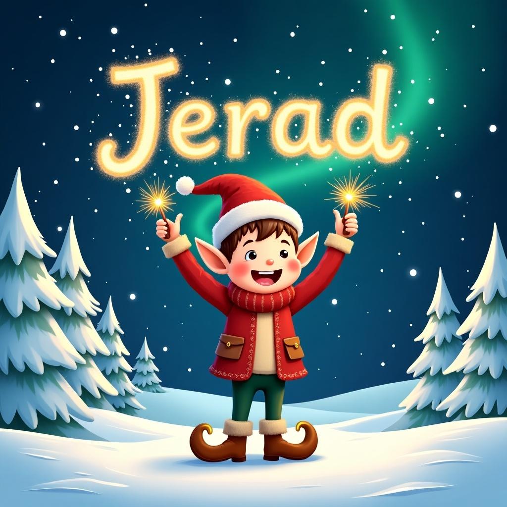 A cheerful boy elf in a snowy landscape joyfully writing the name 'Jerad' in sparkling text across the night sky with a sparkler. Snow-covered trees create a festive backdrop. The night sky has hints of northern lights, creating a magical atmosphere. The art style is bright, colorful, and whimsical for a holiday theme.