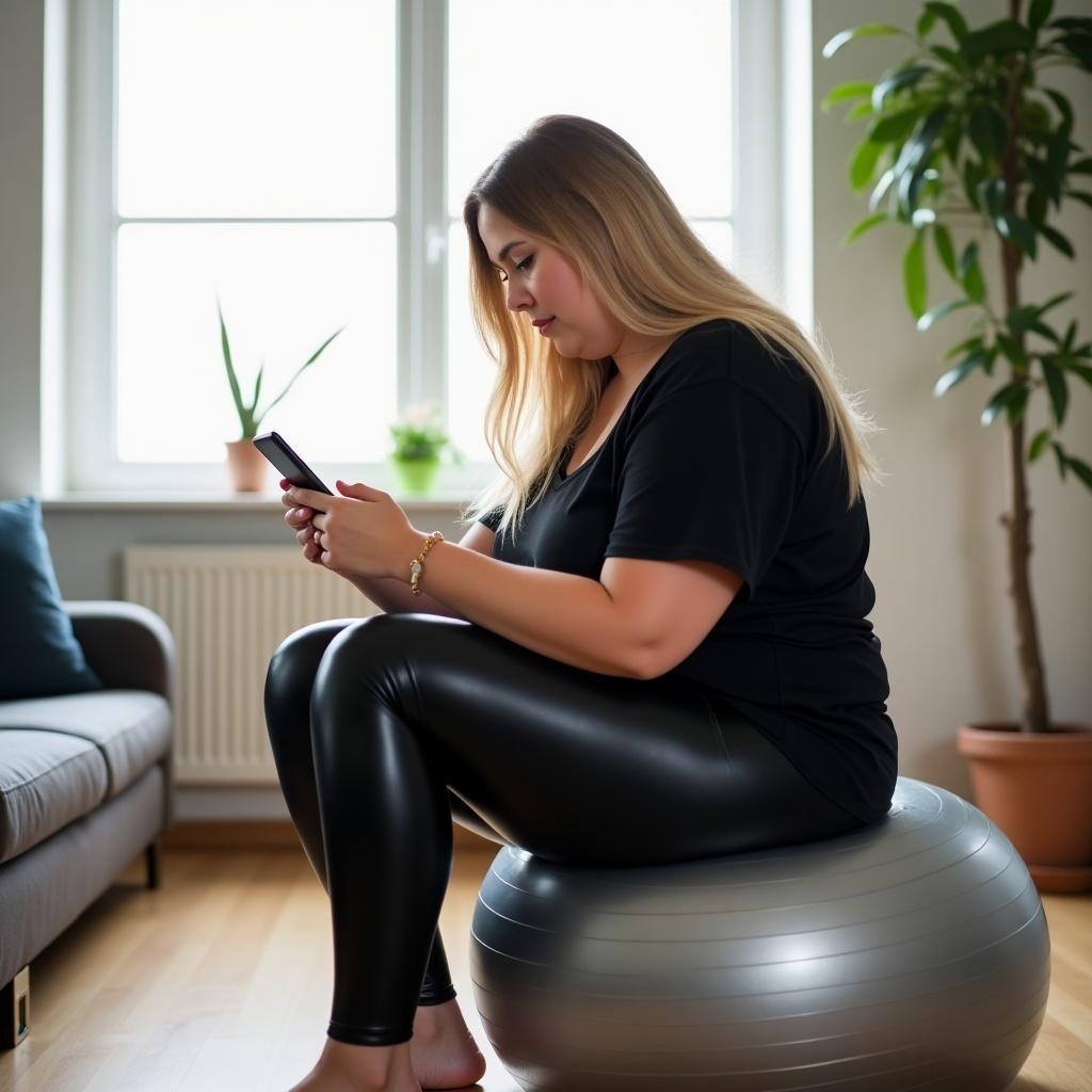 In a bright Danish living room, a young plus-size woman sits on a shiny silver yoga ball. She wears tight black leather leggings and a matching shirt. She leans forward, focused on her phone. The light from the window highlights her skin and the yoga ball's texture. Scene represents relaxation and self-care.