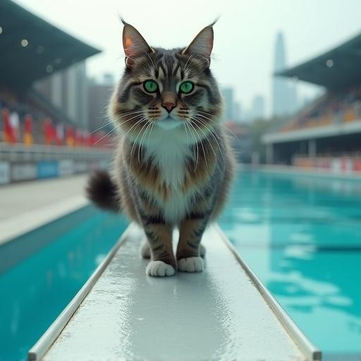 Photorealistic image of a Maine Coon cat on a diving board above a pool. The cat looks determined with paws planted and tail still. Emerald eyes focus on the pool below. The board shines with rain reflections. Blurred stadium and skyline create depth.