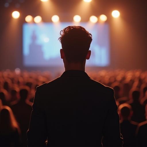 A man stands nervously in front of a large crowd. He is facing away from the viewer toward a stage with lights and a display. The audience is visible in dim light with silhouettes. The atmosphere conveys a sense of anticipation and anxiety.