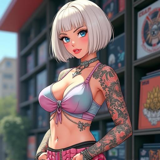 Anime character depicting a woman with light blonde hair and frosted blue eyes. Features include piercings, modern hip hop streetwear, and colorful tattoos. Setting is a luxurious record shop with a contemporary feel. Character has a strong build, showcasing muscular arms and abs, with a stylish look suitable for an A-list celebrity.